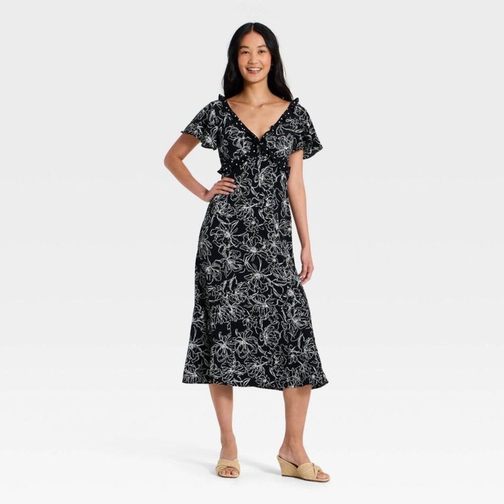 Women's Short Flutter Sleeve V-Neck Midi Dress - A New Day Black L